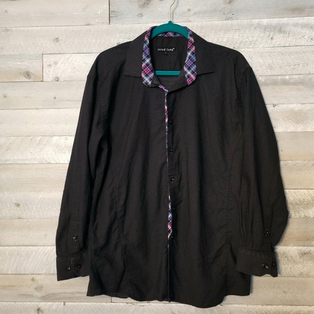 Jared Lang Shirt Black Plaid Trim Polka Dot Preppy Cotton Button Up Long Sleeve.